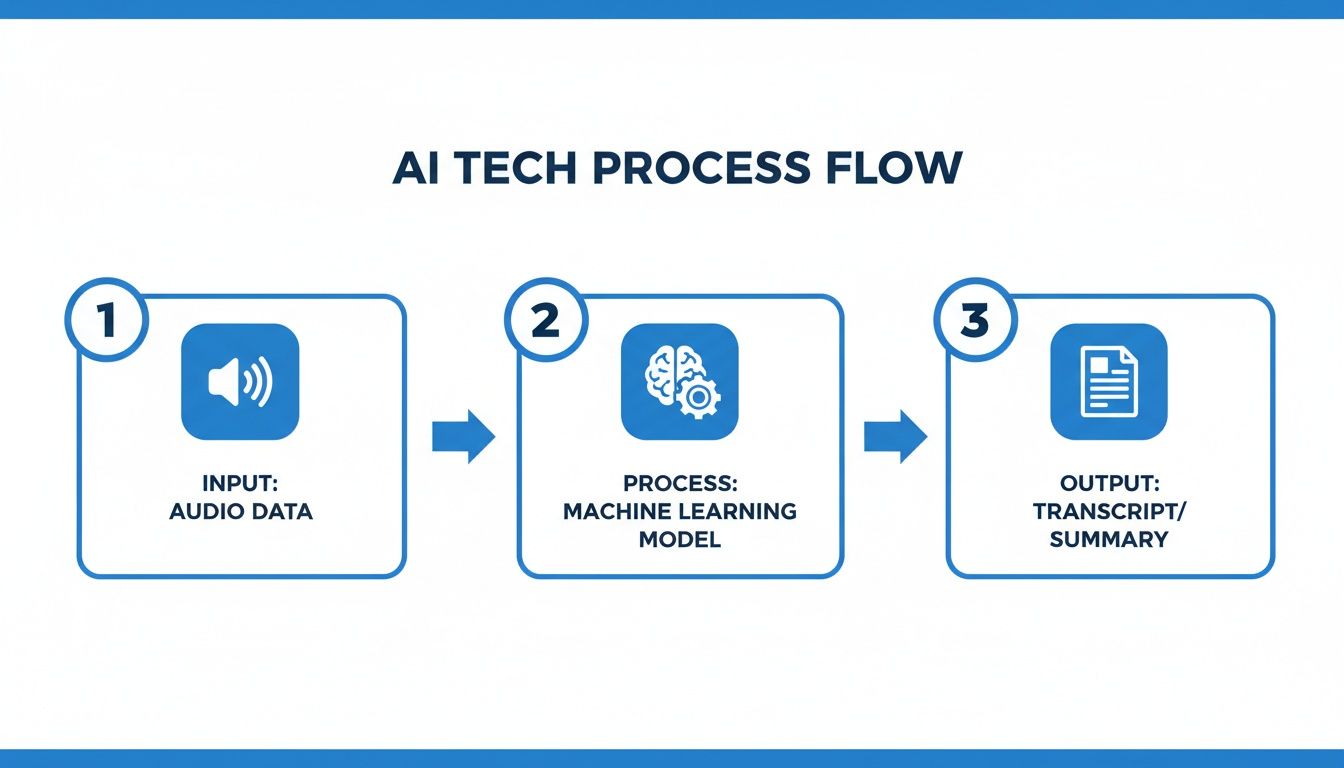 An AI tech process flow diagram with audio data input, machine learning model processing, and text output.