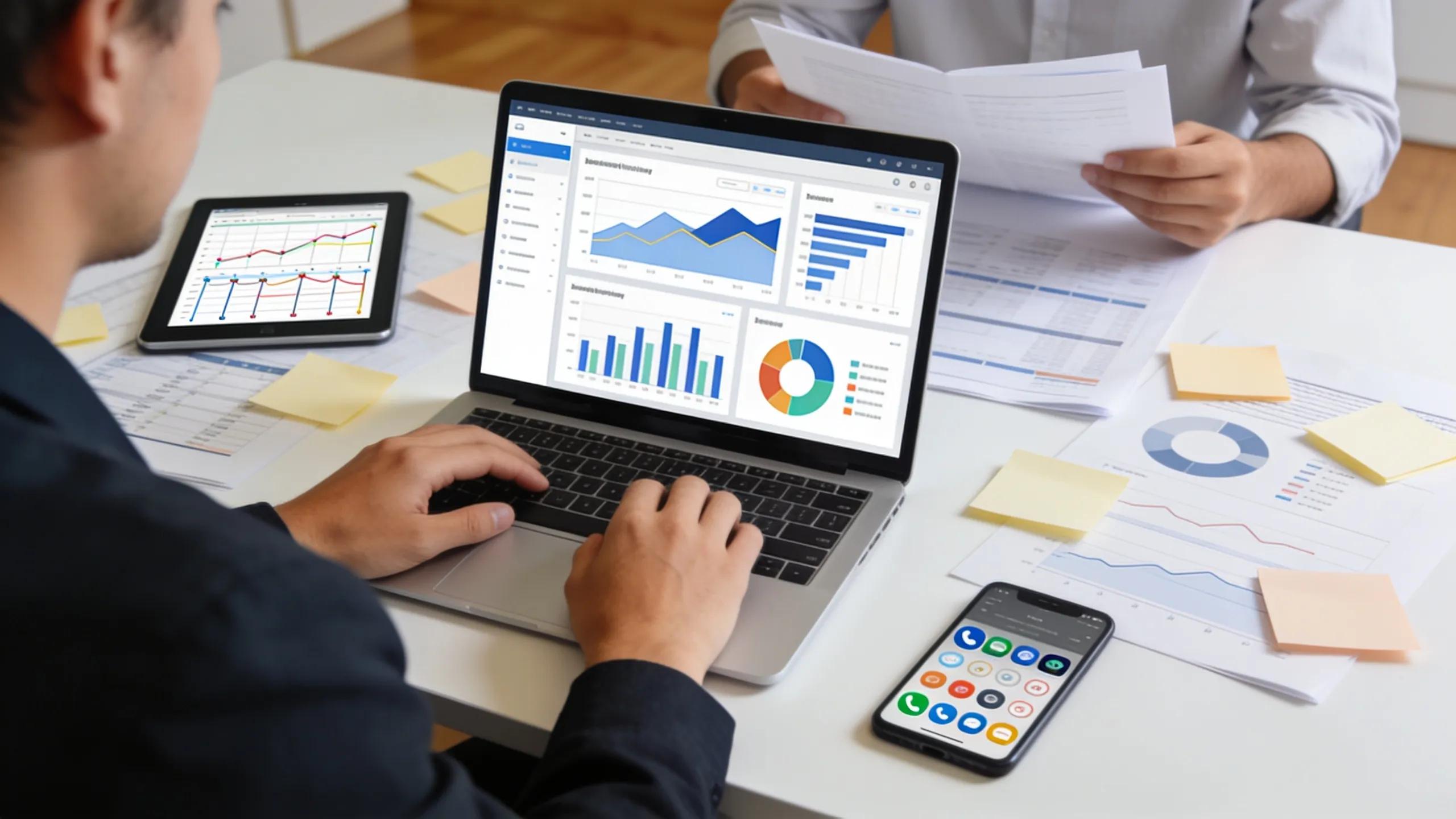 Individual analyzing marketing strategies with digital devices and notes in a collaborative workspace