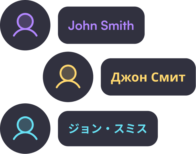 Three user profile icons with name tags in purple, gold, and blue, featuring "John Smith" in different languages.