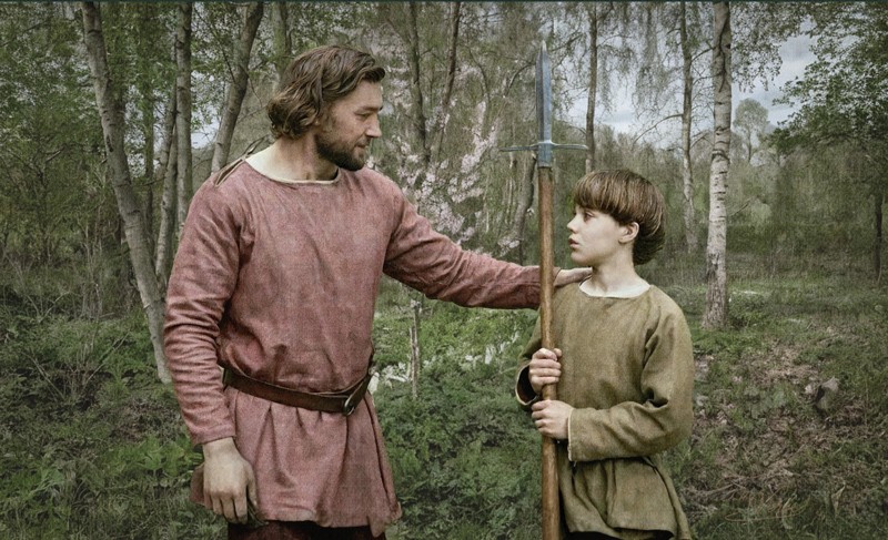 Sacred artwork by Faith and Verse. © Faith and Verse, 2025. All rights reserved. Duke Vratislav stands with his young son Václav in a birch forest. The boy holds a wooden hunting spear. Both wear simple medieval tunics in muted tones.