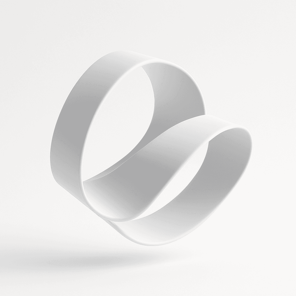 3D rendered minimalistic white interlocking loop shape, floating on a clean white background with soft shadows and smooth curves