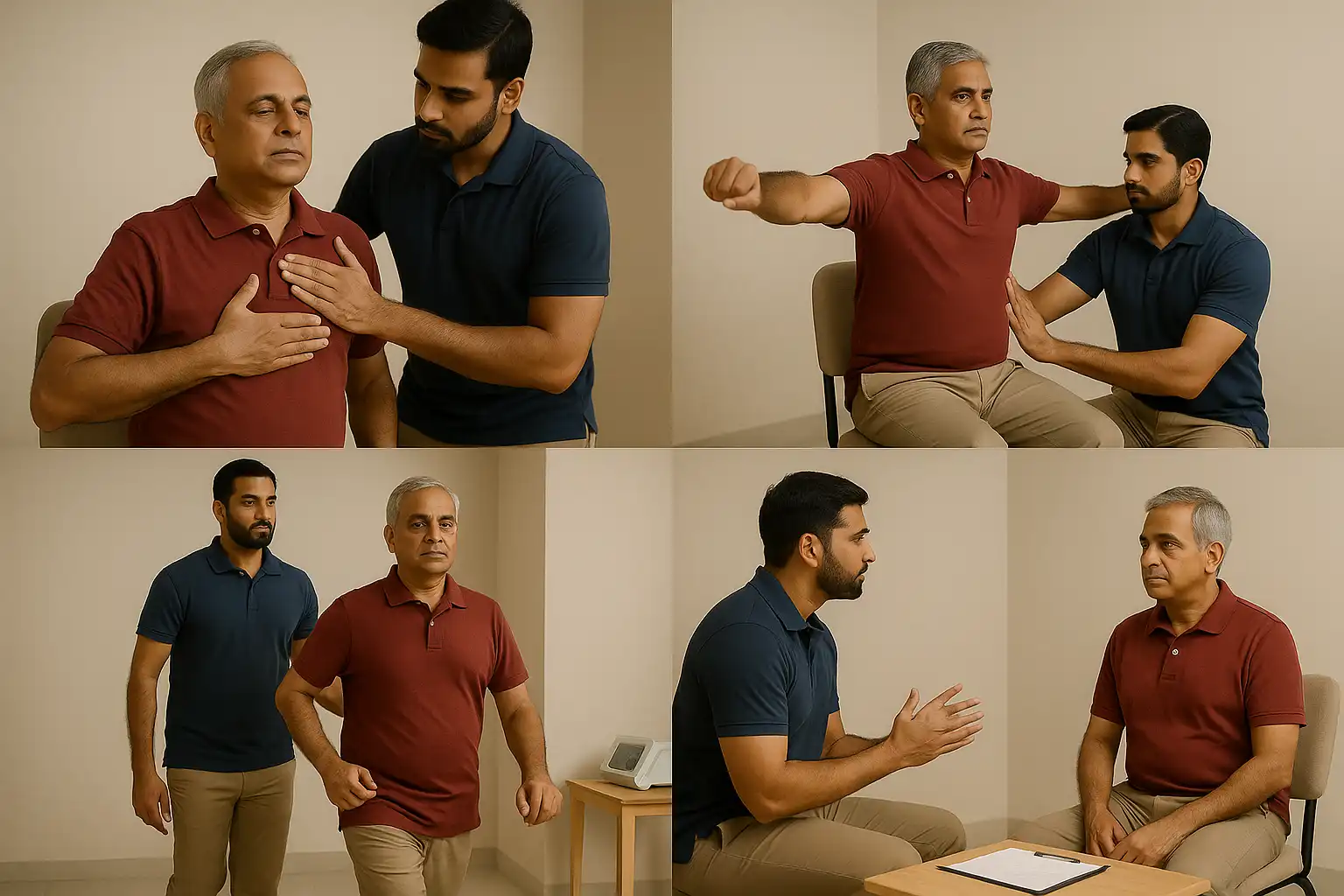 A collage of a therapist guiding a patient through chest assessment, shoulder mobility exercises, gait training, and a consultation as part of pulmonary rehabilitation physiotherapy.