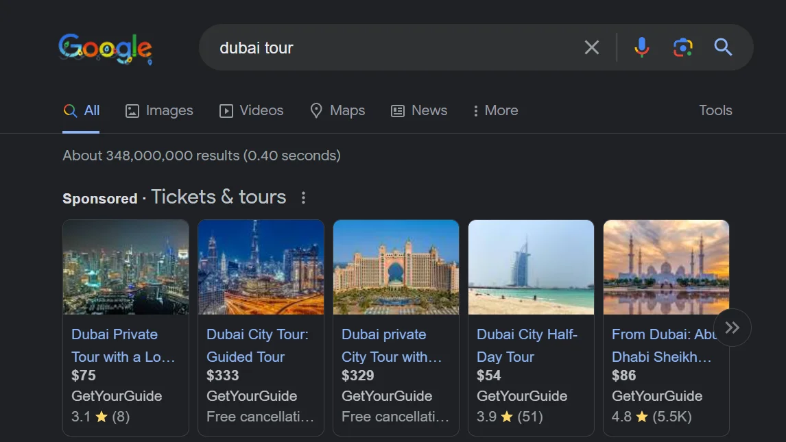 Google search results of sponsored ads showing seo vs. sem