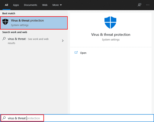 Access Windows Virus & Threat protection via start menu.