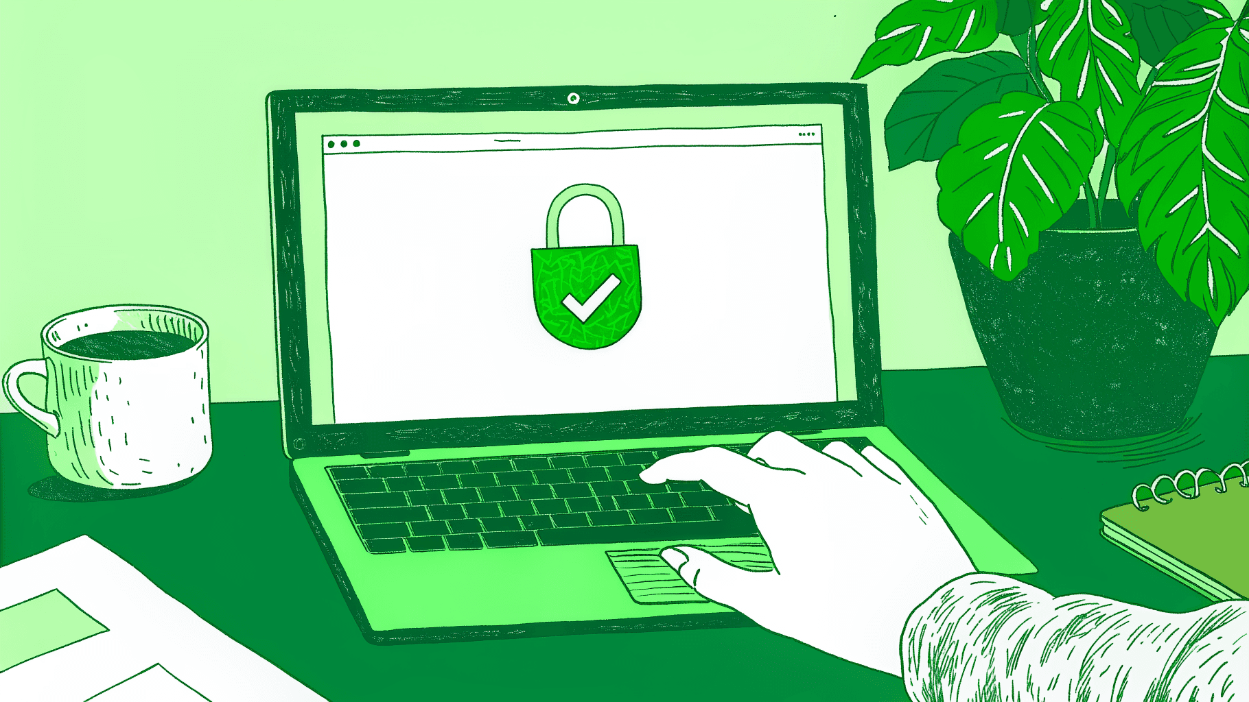 Hesitant hand over laptop trackpad verifying a.gov padlock on an Indiana unclaimed property portal