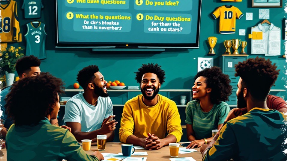  A group of teenagers at a party, playing a fun trivia game with cards and a timer. They are laughing, cheering, and enjoying the friendly competition.