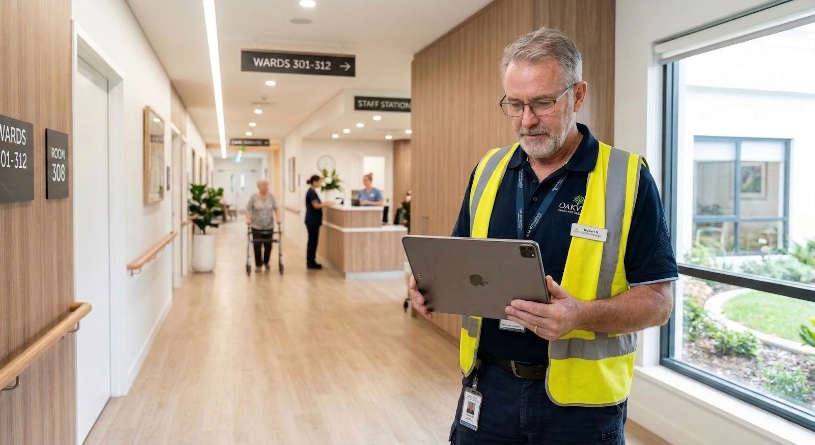 A facility management professional in a high-vis vest uses a tablet in a modern aged care hallway, demonstrating how digital tools enable proactive maintenance while a resident and staff are visible in the background.