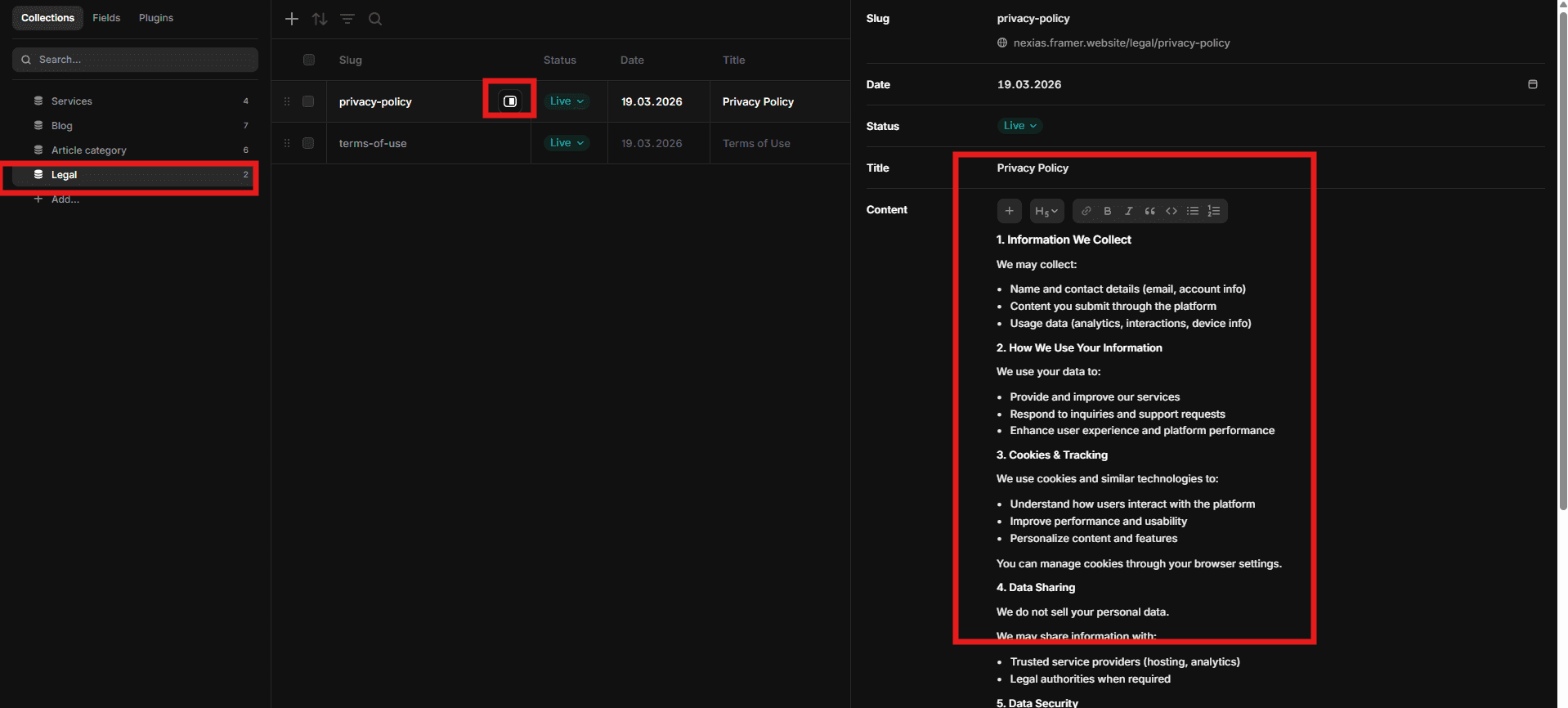 Editing Privacy Policy and Terms content in Nexias