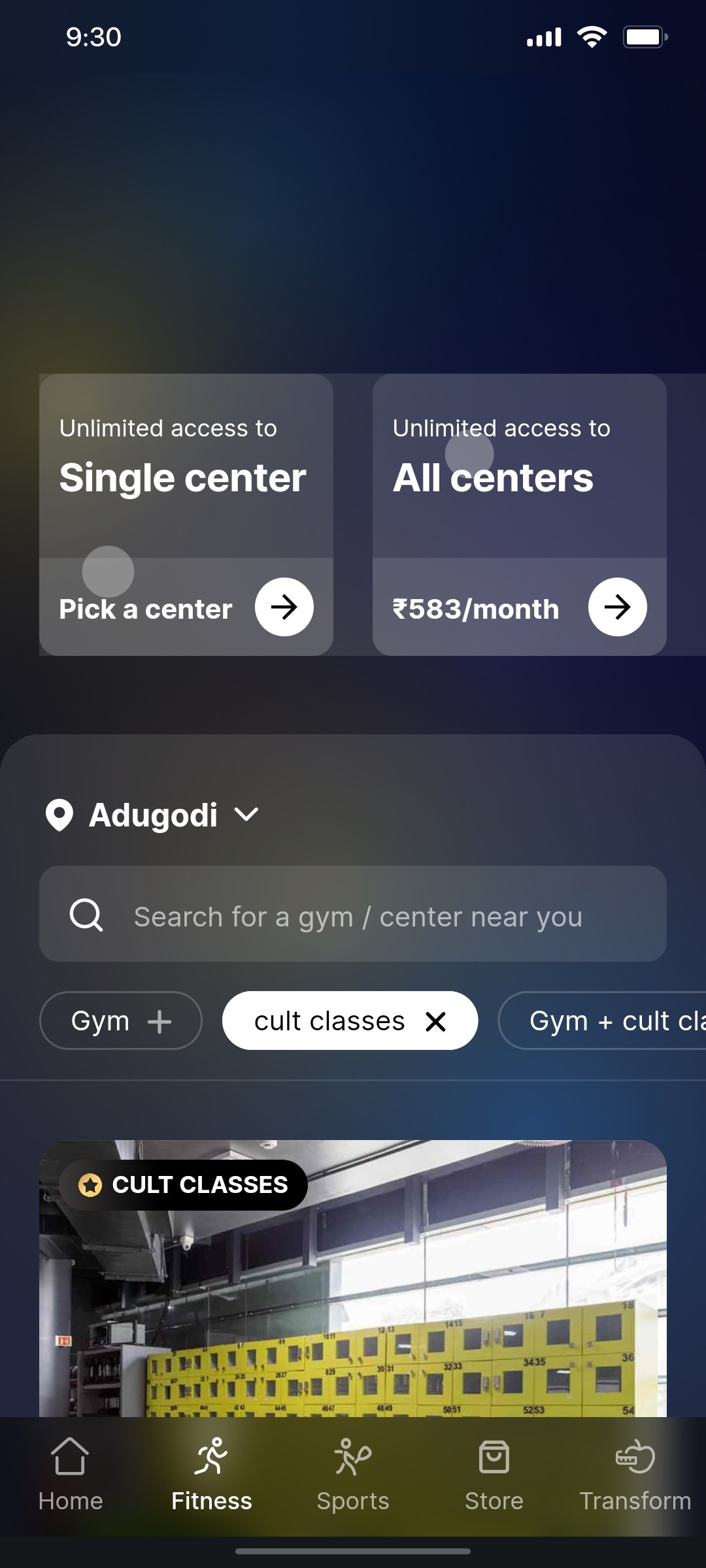 Cult.fit App Fitness Screen