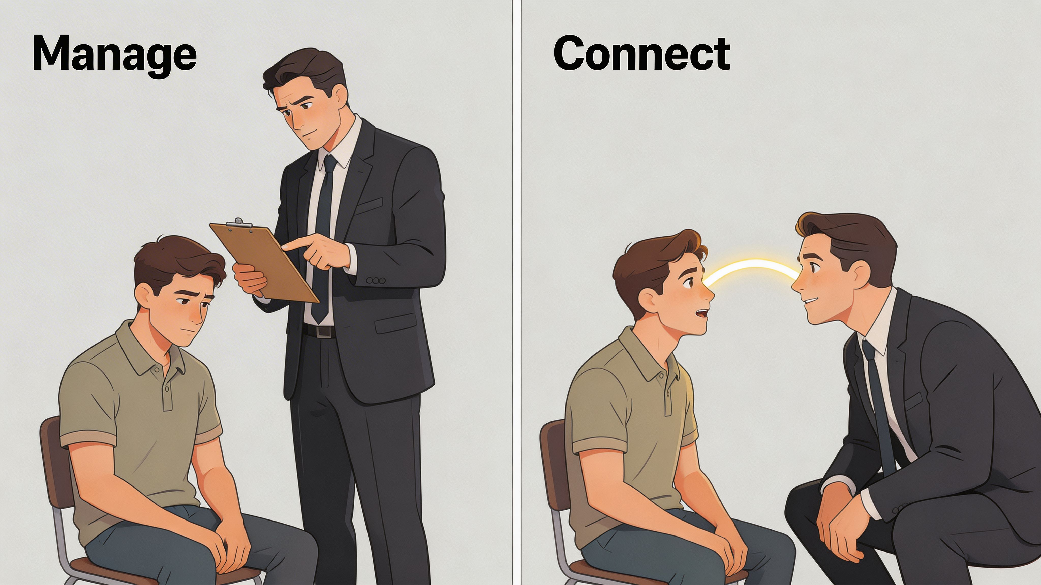 A contrast illustration showing a manager critiquing a subordinate versus connecting with them through eye contact.