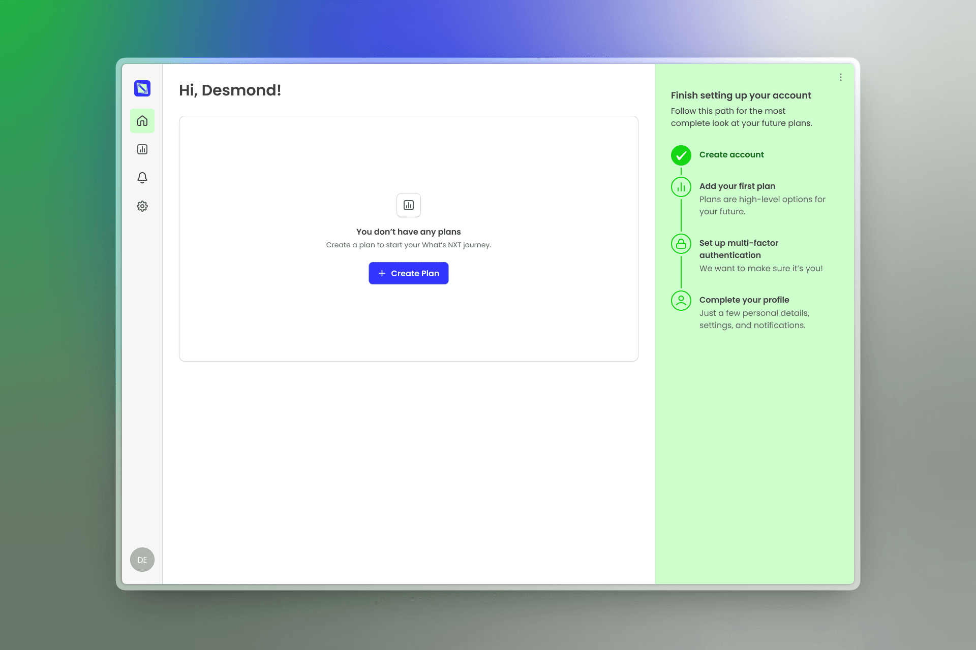 Dashboard interface showing a welcome message with "Create Plan" button centered on white. Green sidebar on the right lists account setup steps.
