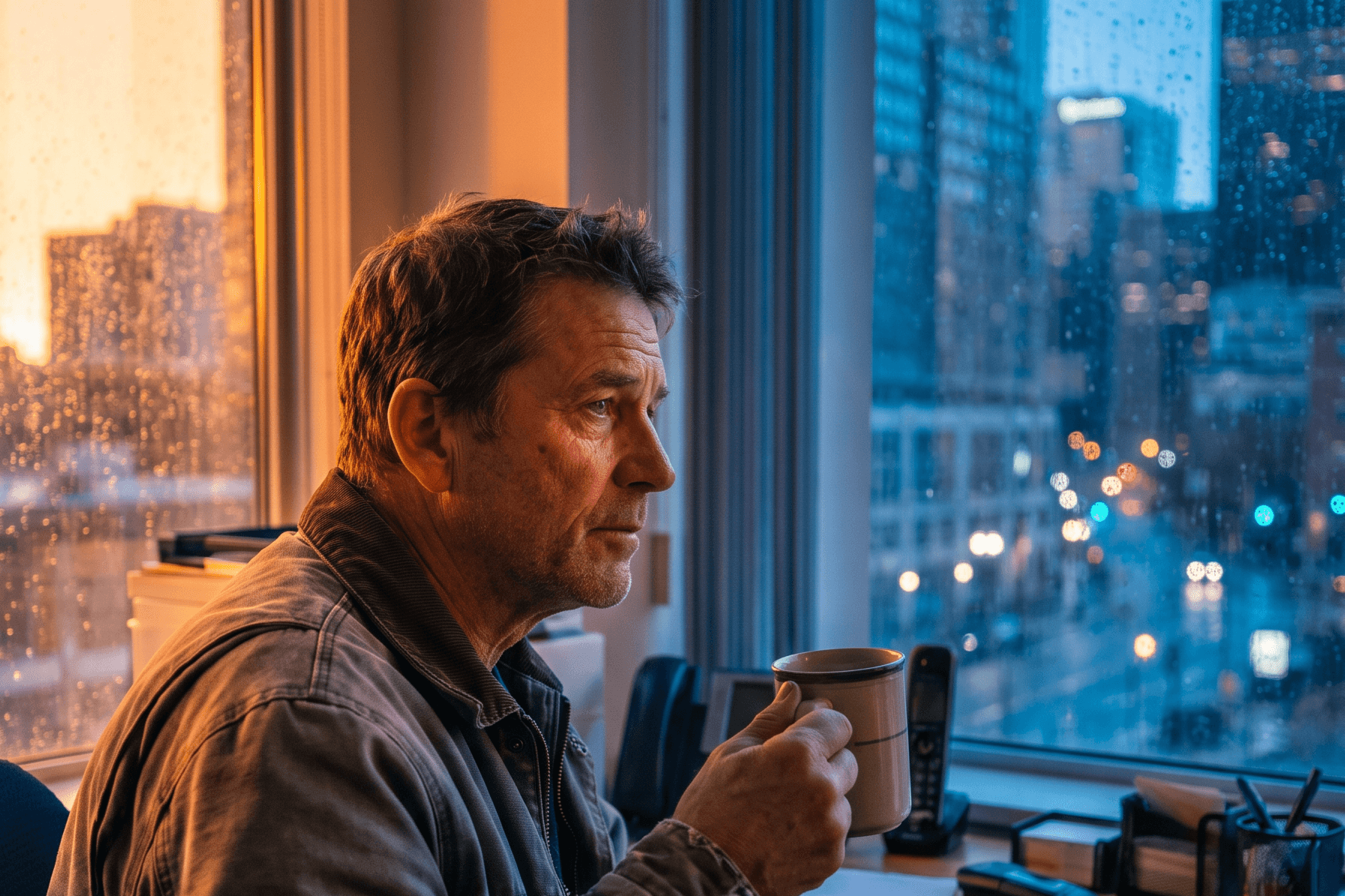 A small-business owner stands alone at the office window, weighing the quiet cost of losing good people