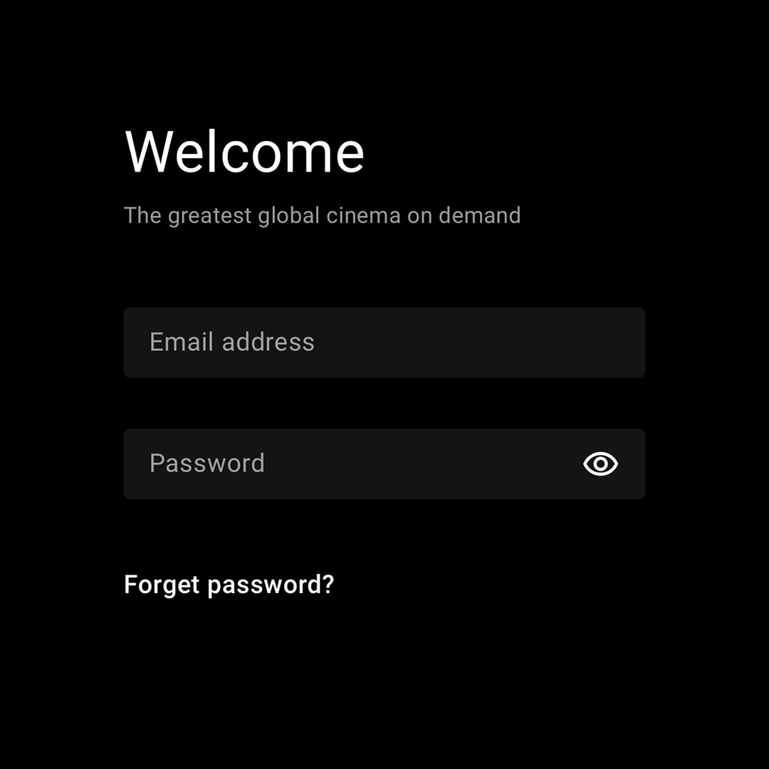 BFI Player sign-in screen on a dark background, showing email and password input fields with a password visibility toggle and a "Forget password?" link.