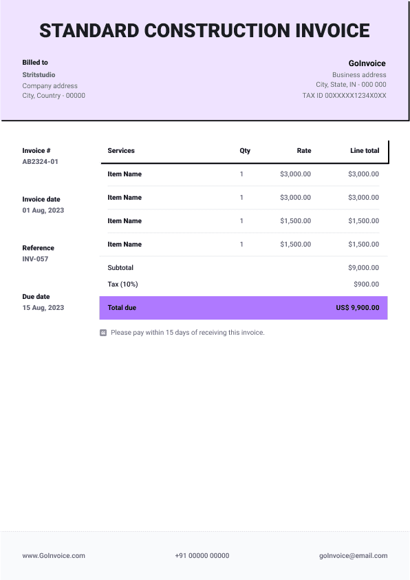 Standard Construction Invoice