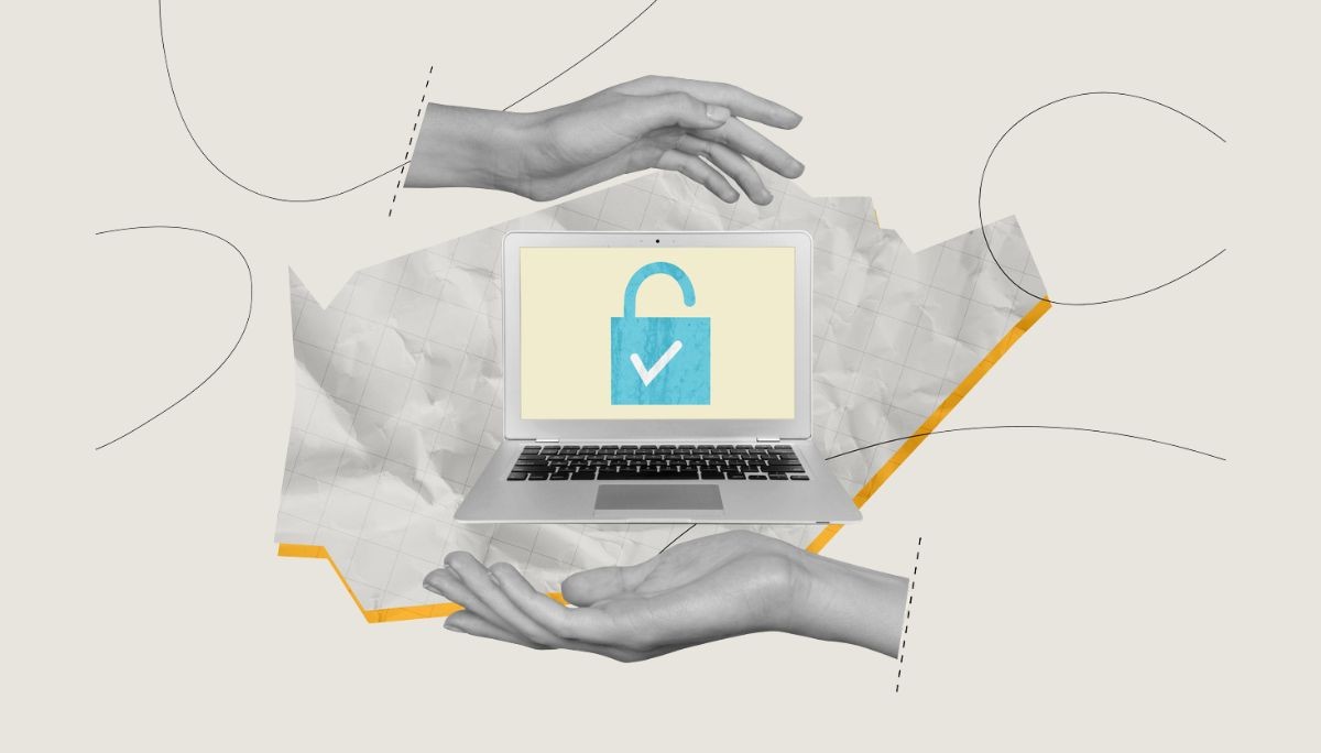 Digital collage of laptop with open padlock and checkmark, symbolizing contributing to open source projects securely.