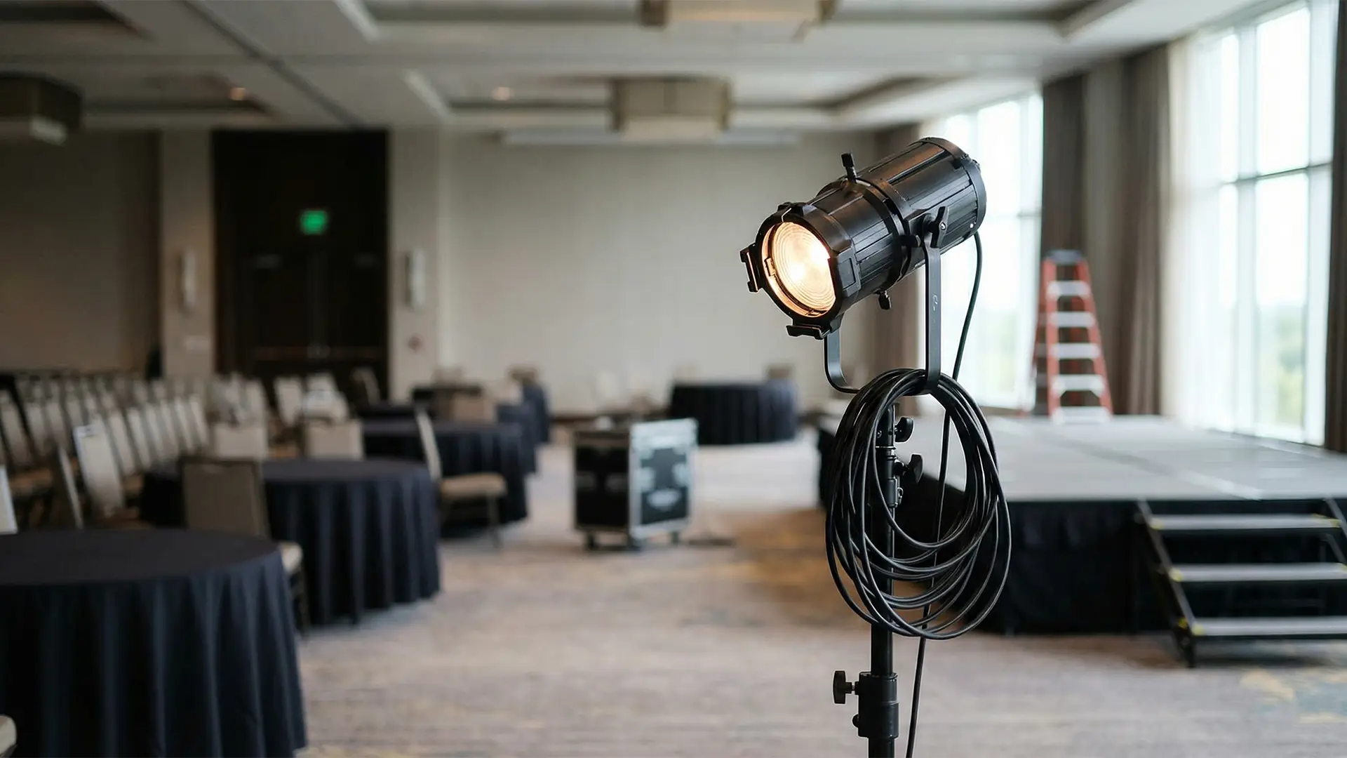 Stage lighting fixture set up in an empty corporate event venue, with seating and staging softly out of focus in the background.