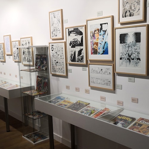 墙上挂着装裱过的漫画艺术品的画廊，展示柜中放着漫画书。一个玻璃柜里还有其他漫画物品。