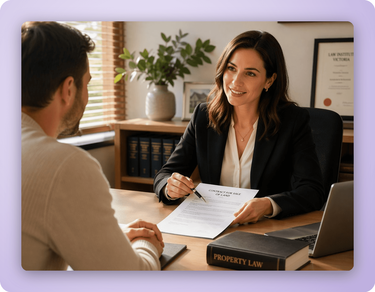 Conveyancer reviewing a property contract with a client in Victoria