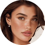 Portrait of a woman with long brown hair, light freckles, and subtle makeup. She wears gold earrings, conveying a calm and confident expression.
