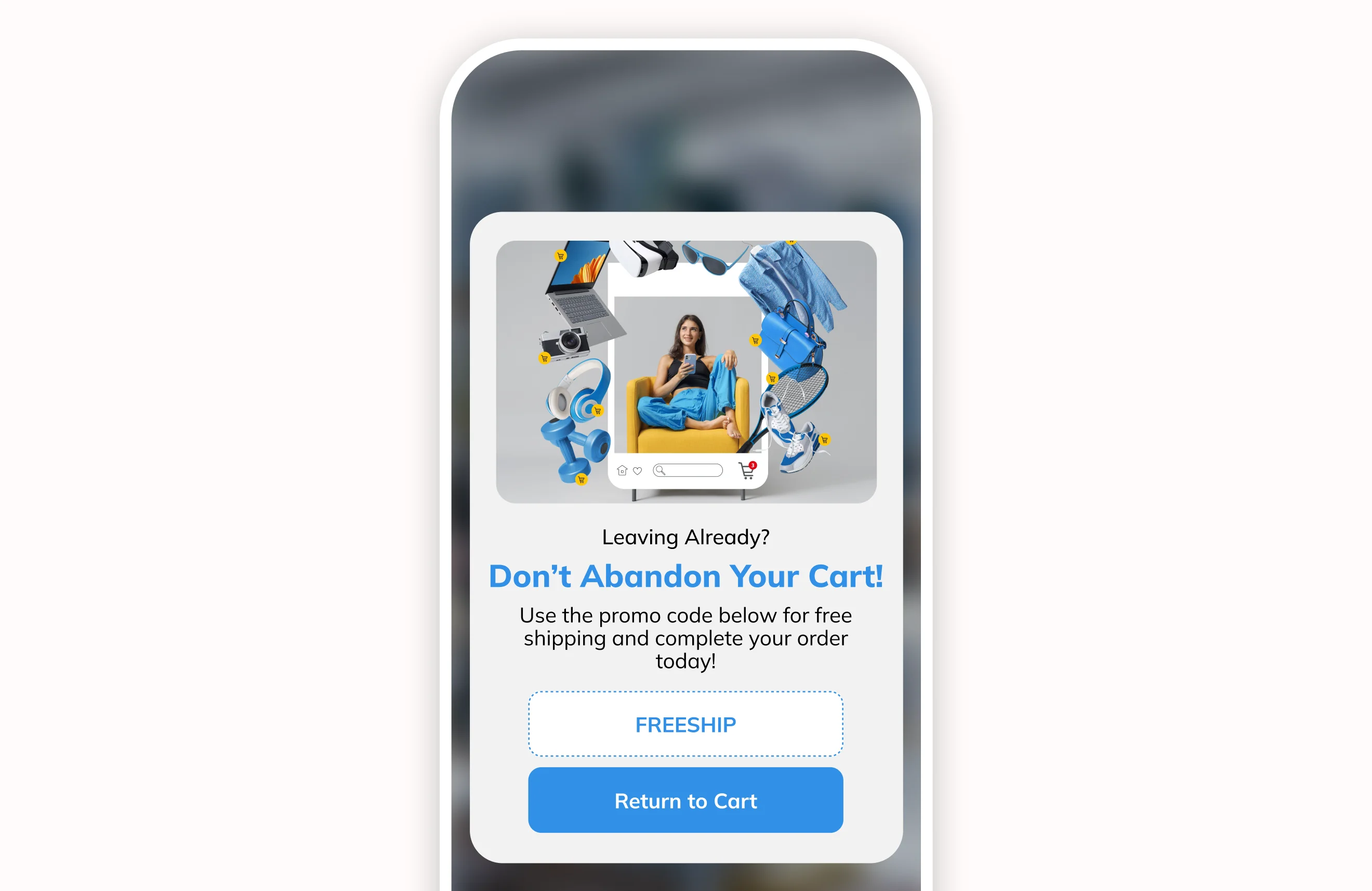 Claspo mobile cart abandonment popup template offering 10% off with a promo code and Return to Cart button