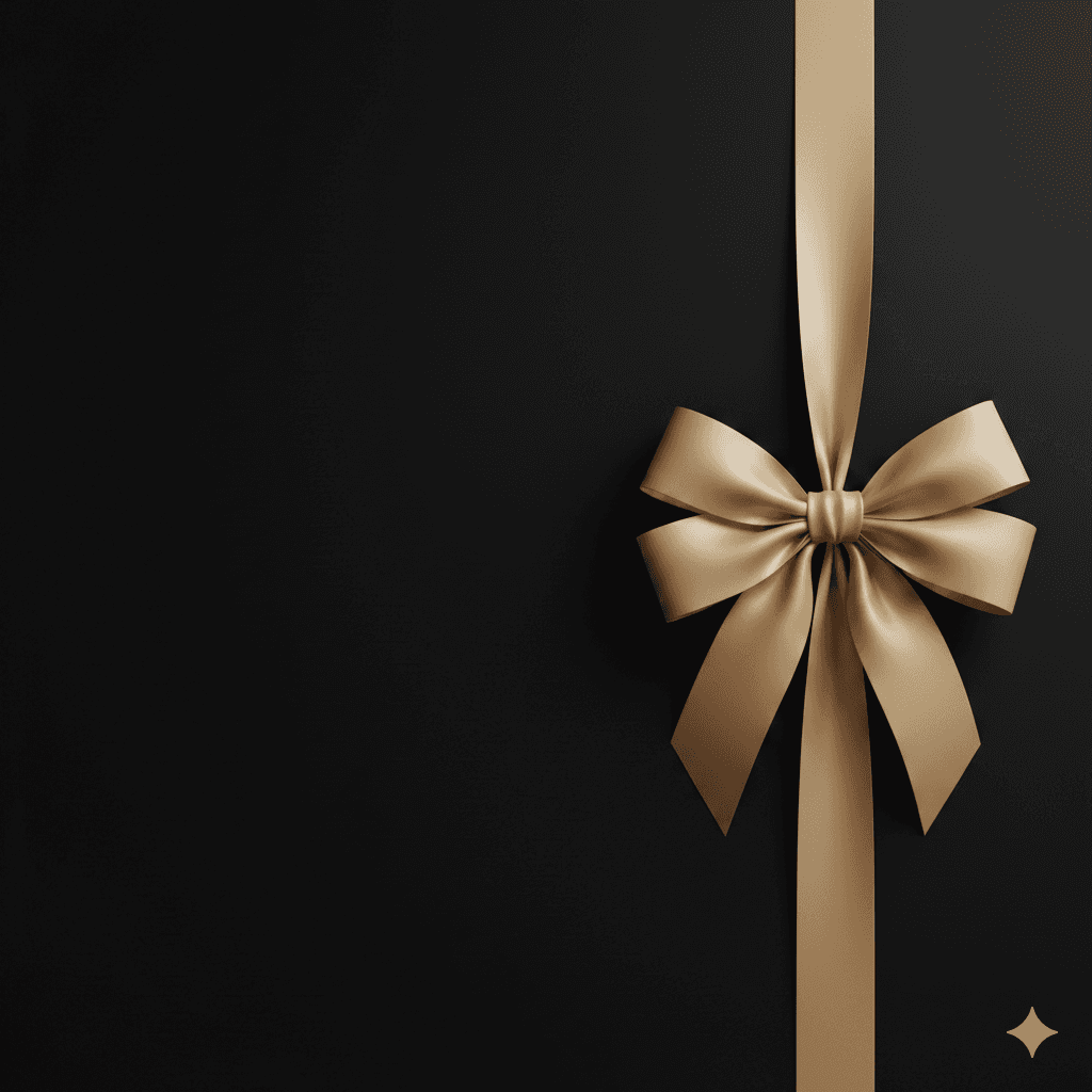 Gold satin ribbon and bow on a plain black background.