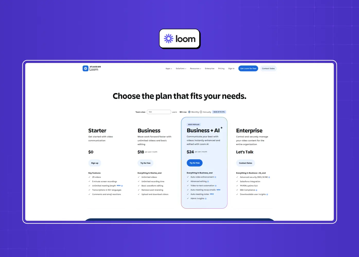 Loom pricing page comparing Starter, Business, AI, and Enterprise plans with feature breakdowns and monthly pricing.