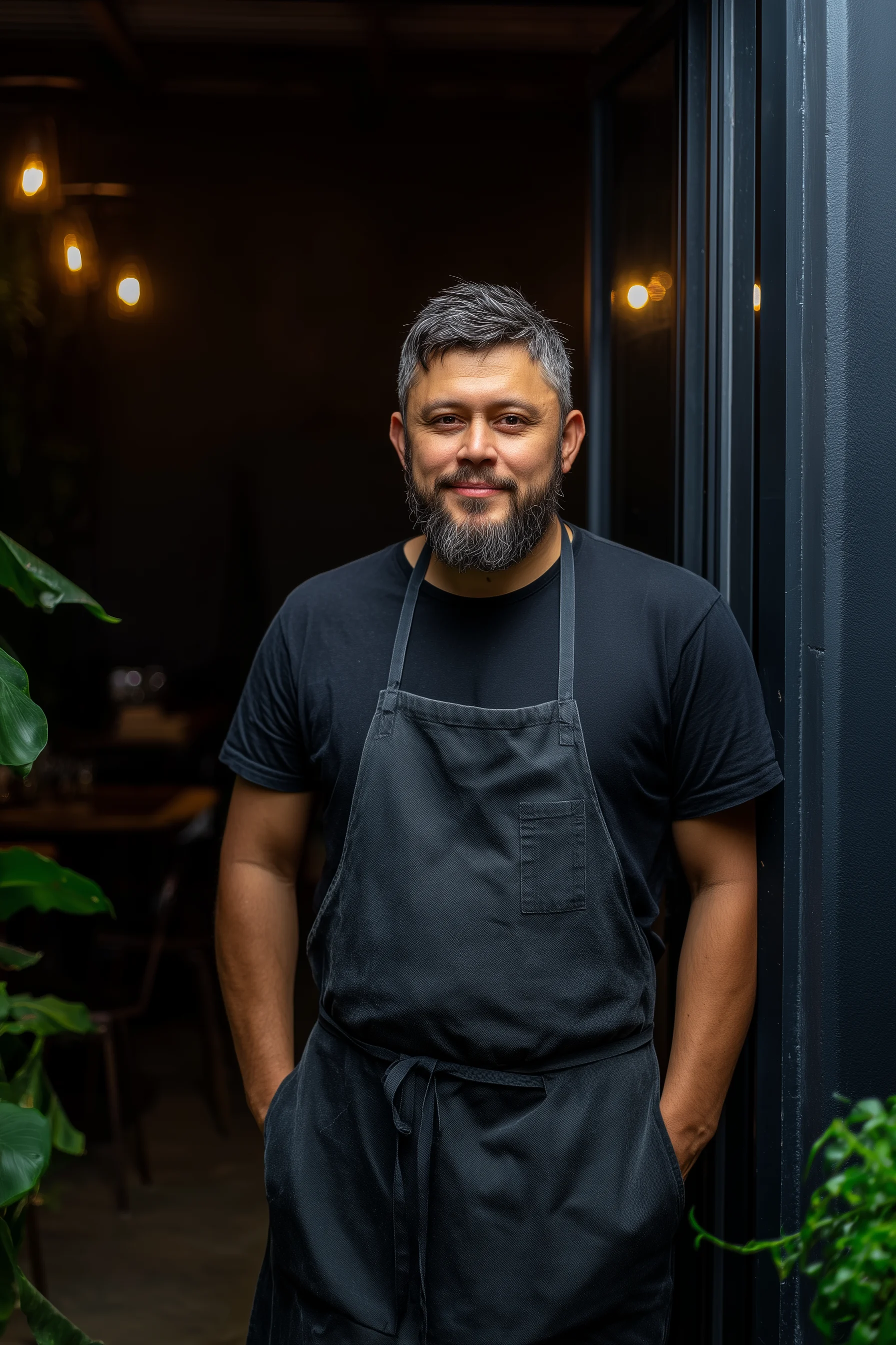 Portrait of the head chef standing at the restaurant entrance.