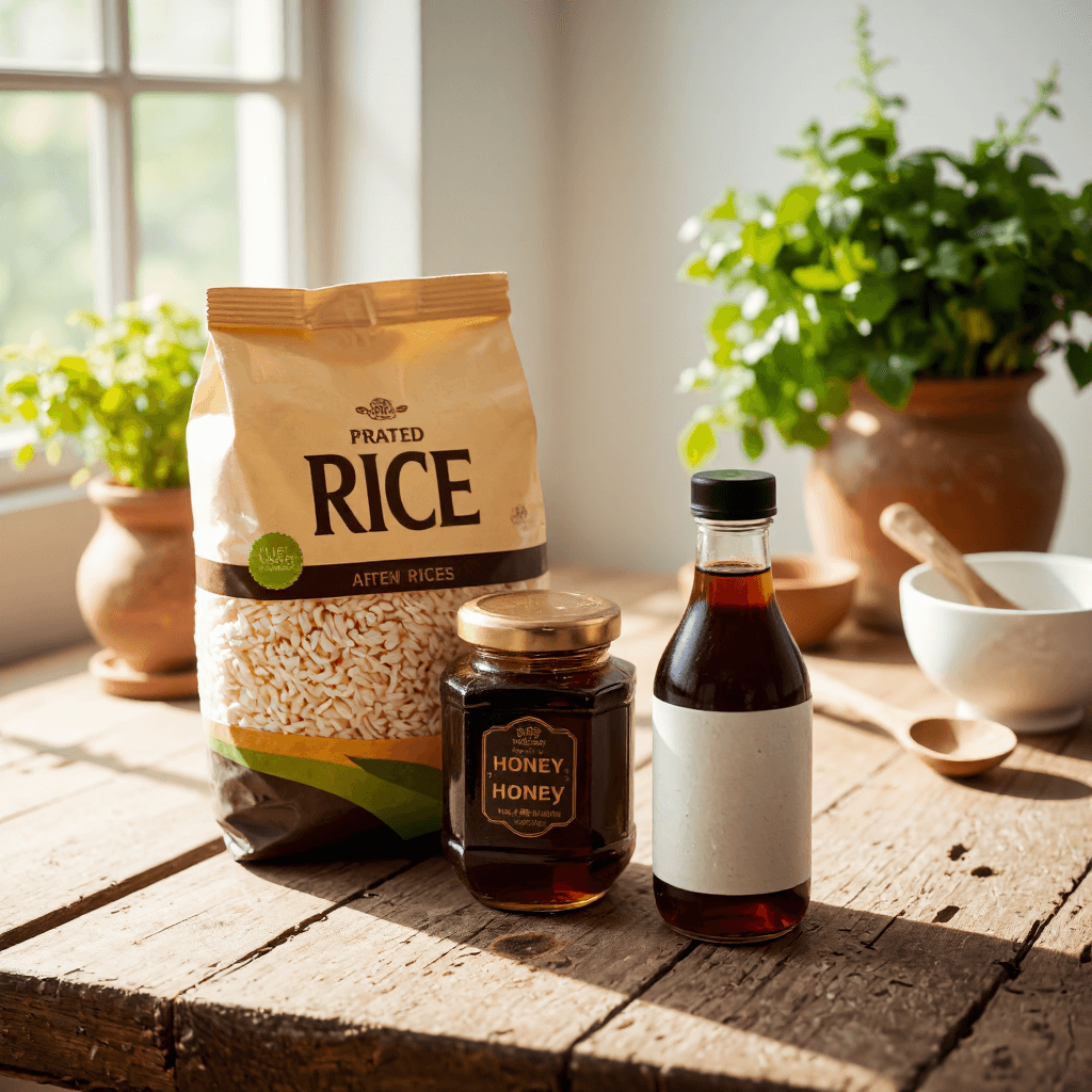 product photography of a package of rice, a jar of honey, a bottle of syrup, and a small jar of sauce