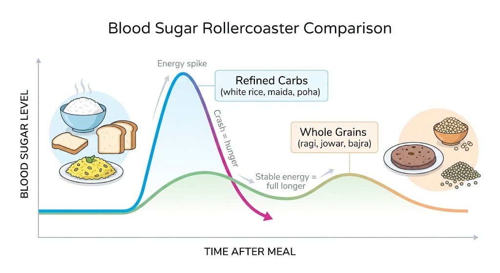 A medical infographic chart titled 'Blood Sugar Rollercoaster Comparison' that contrasts the glycemic response to different foods over time after a meal. It features a graph with a sharp blue spike and subsequent magenta crash labeled 'Refined Carbs (white rice, maida, poha)', accompanied by illustrations of a bowl of white rice, two slices of white bread, and a plate of poha. Arrows indicate an 'Energy spike' followed by a 'Crash = hunger'. Beside it, a much flatter green and orange curve represents 'Whole Grains (ragi, jowar, bajra)', with illustrations of a ragi roti, a bowl of jowar grains, and loose bajra grains. An arrow along this curve points to 'Stable energy = full longer', illustrating the digestive benefits of whole foods.