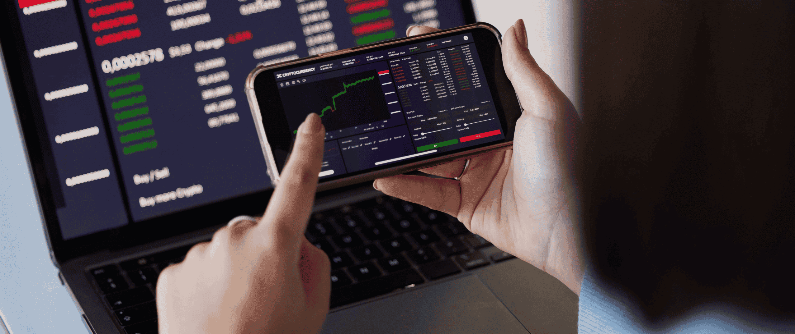Woman trading cryptocurrency on mobile and laptop - How to Invest in Prediction Markets