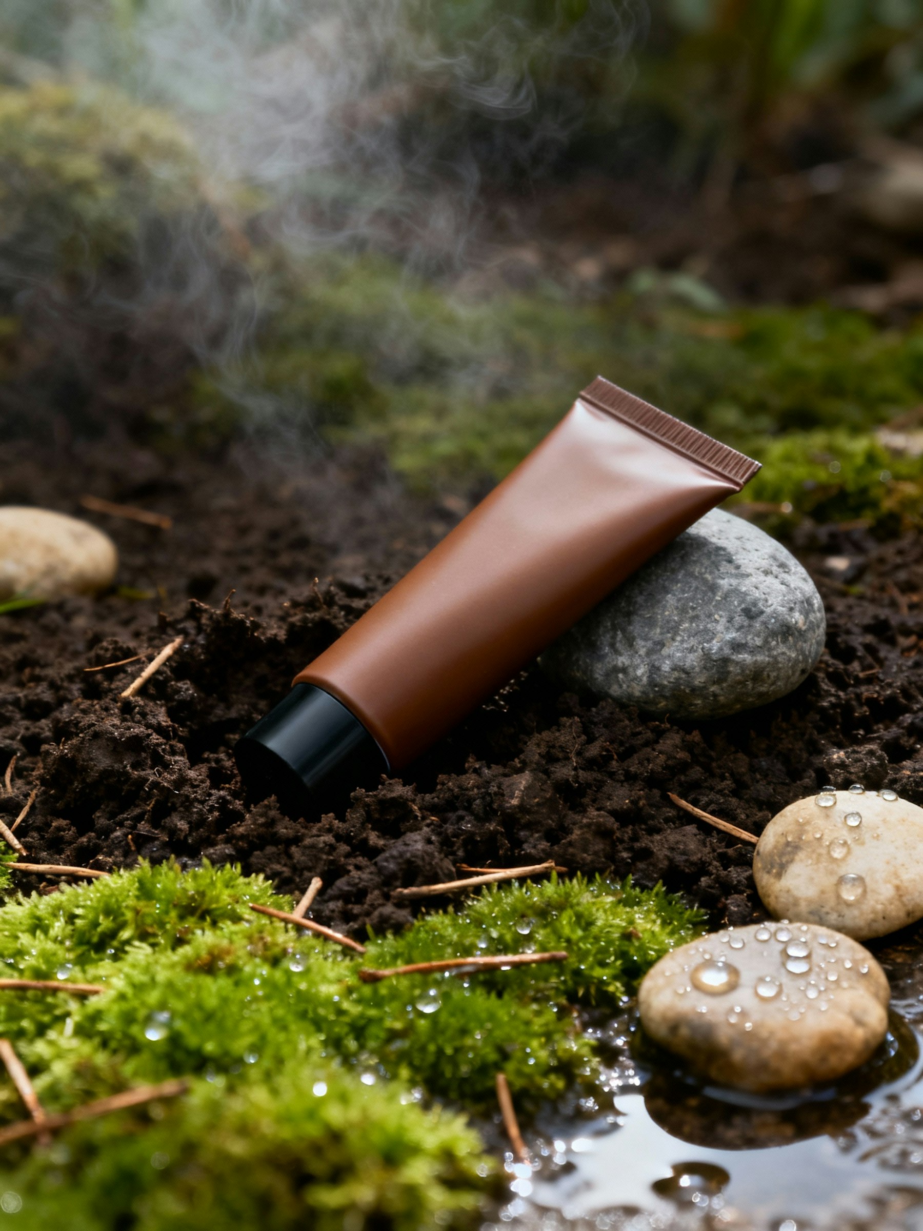 Brown skincare tube placed on natural soil and stones representing eco friendly ingredients