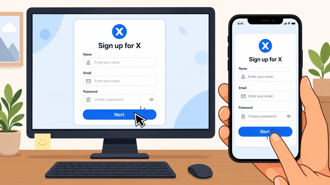 A computer screen and a smartphone showing a sign up for X account registration form.