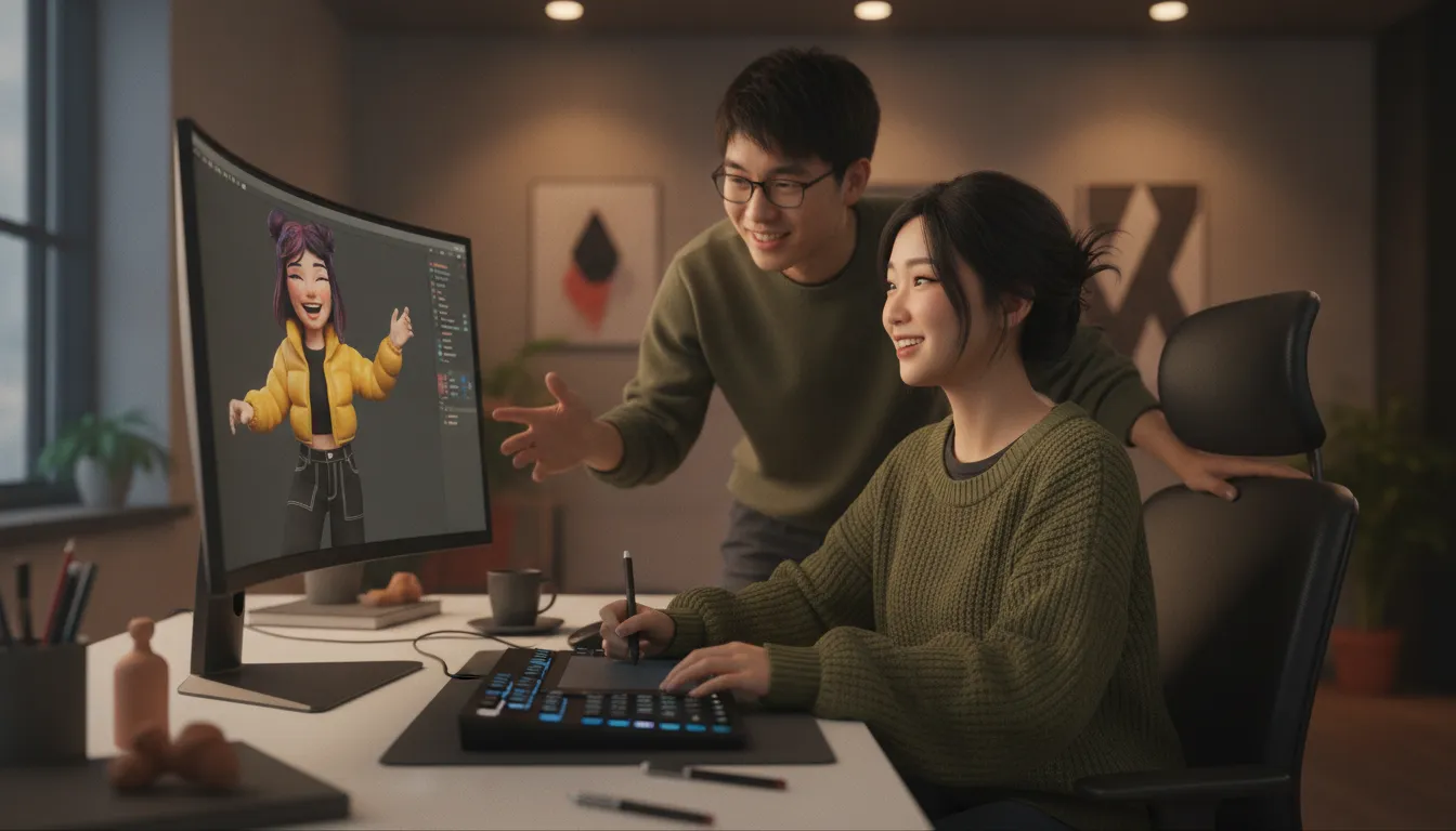 A creator customizing a stylish animated virtual avatar on a workstation