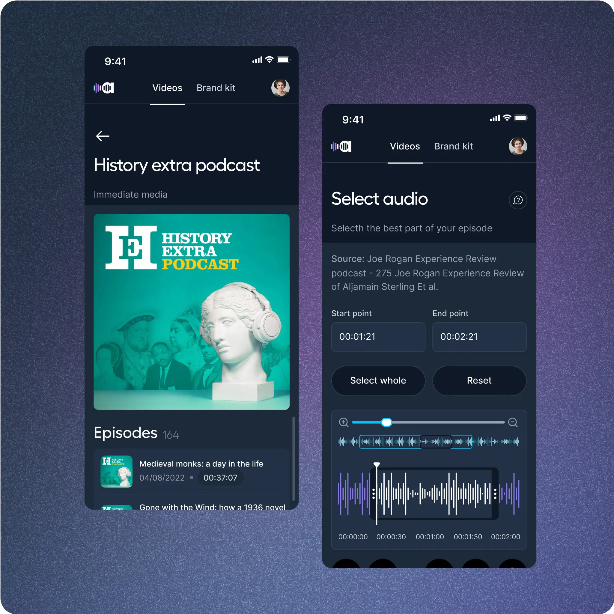 Two screens from the Audiotease app showcasing podcast management. The left screen displays the 'History Extra Podcast' with a cover image of a classical statue and episode details, including titles and durations. The right screen shows the 'Select audio' interface, allowing users to choose a segment of their episode. It includes start and end point selectors, a waveform visualizer, and options to select the whole segment or reset the selection. Both screens feature a dark theme with blue and purple accents.