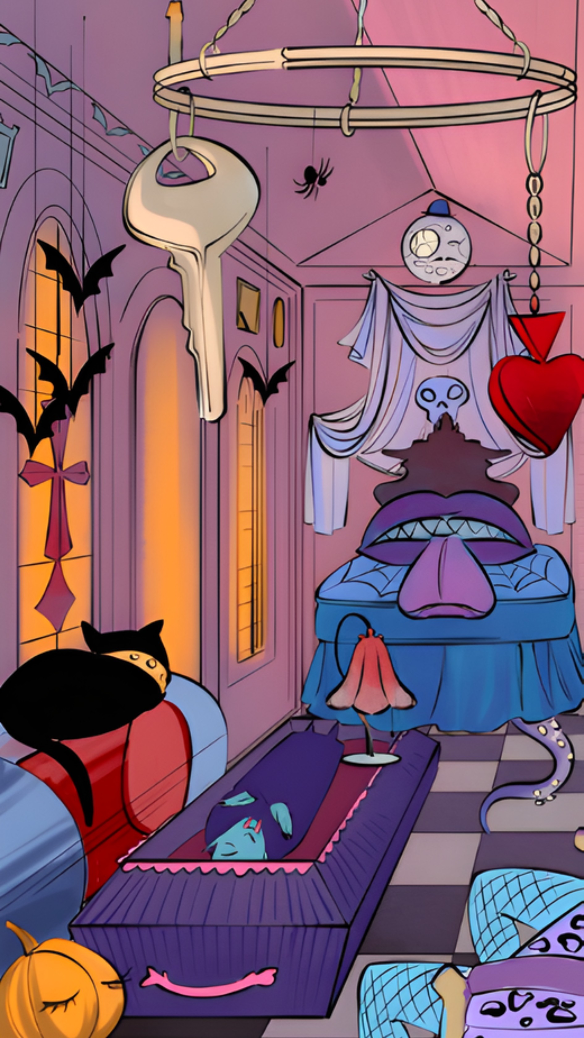 A colored sketched scene of a quirky room with a coffin and a black cat in it