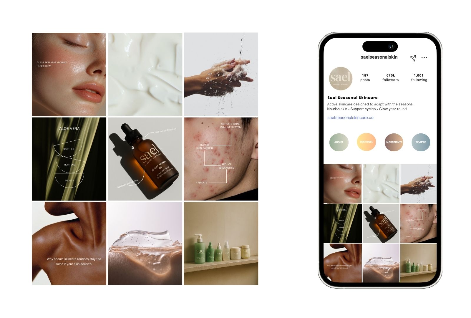Editorial skincare grid combining close-up beauty textures, product shots, and clean formulations, shown beside a mobile Instagram preview for a skincare brand’s social media identity.