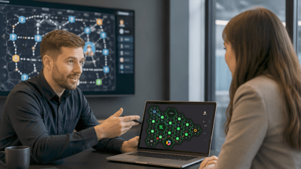 Beratungsgespräch zur Vorbereitung eines WhatTheHack Cyber Security Team-Events. Ein Experte erläutert die Spielmechanik und bespricht mit einer Kundin die passende Ausgestaltung des Awareness-Trainings für ihr Unternehmen.