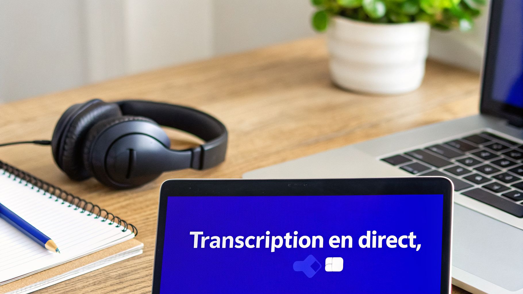 Ordinateur portable affichant une transcription en direct, avec casque audio et carnet sur un bureau.