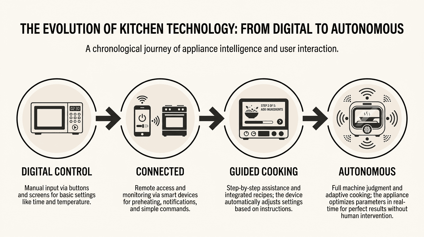 Horizontal timeline infographic showing four generations of smart kitchen technology evolution