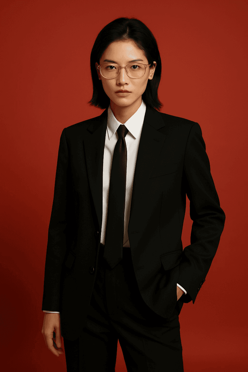 A woman in a suit and tie poses confidently against a vibrant red background.