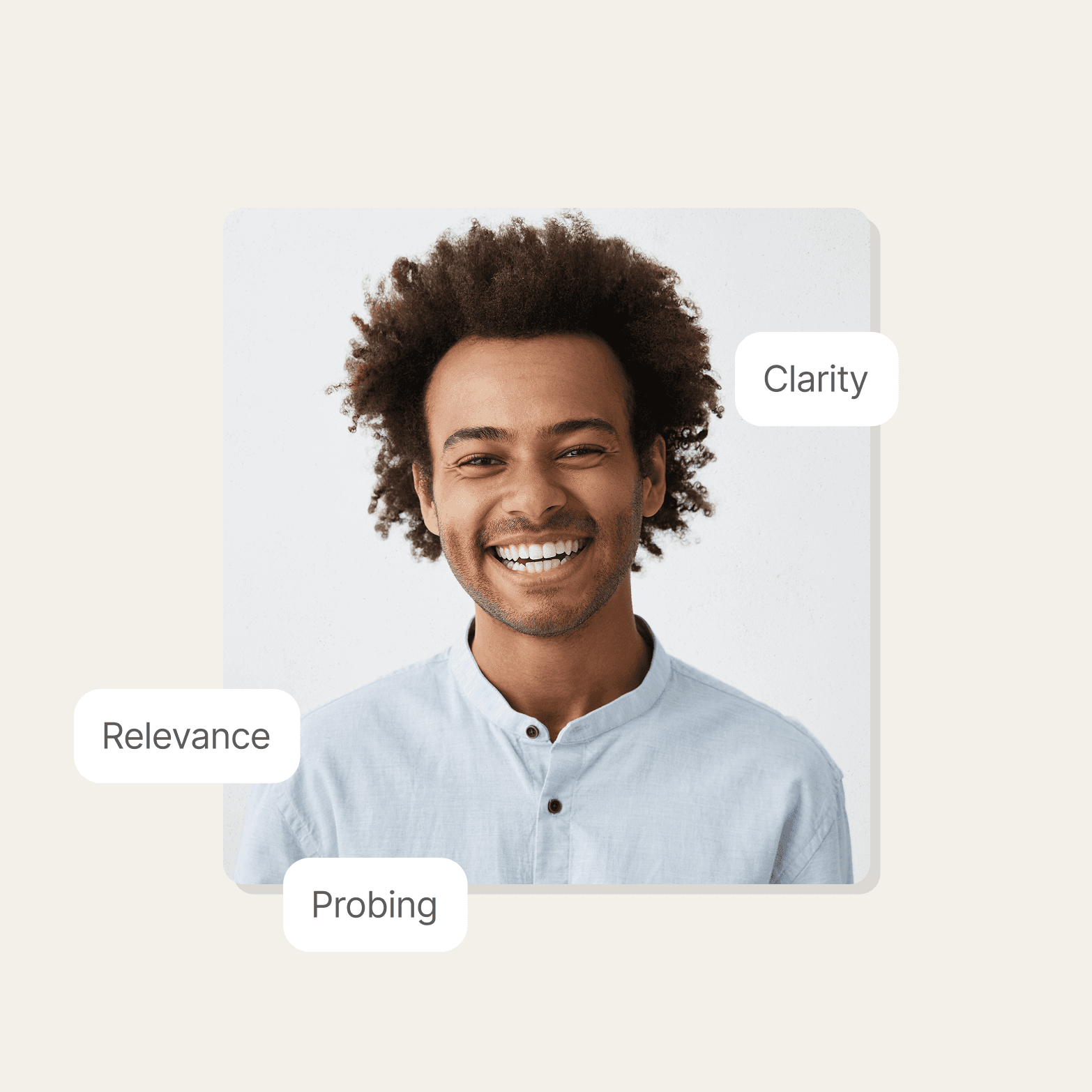 Alt text: "Portrait of a smiling man in a light blue shirt with three floating labels reading Clarity, Relevance, and Probing around the image"