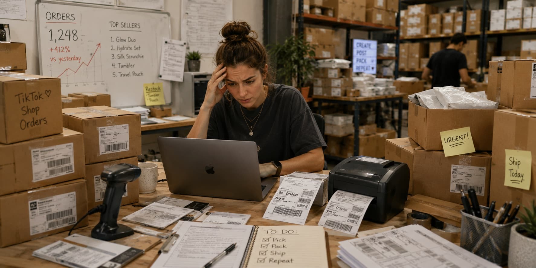 An overwhelmed ecommerce merchant works at a packing station surrounded by shipping labels, parcels, scanners, and order management tasks as warehouse activity continues in the background.