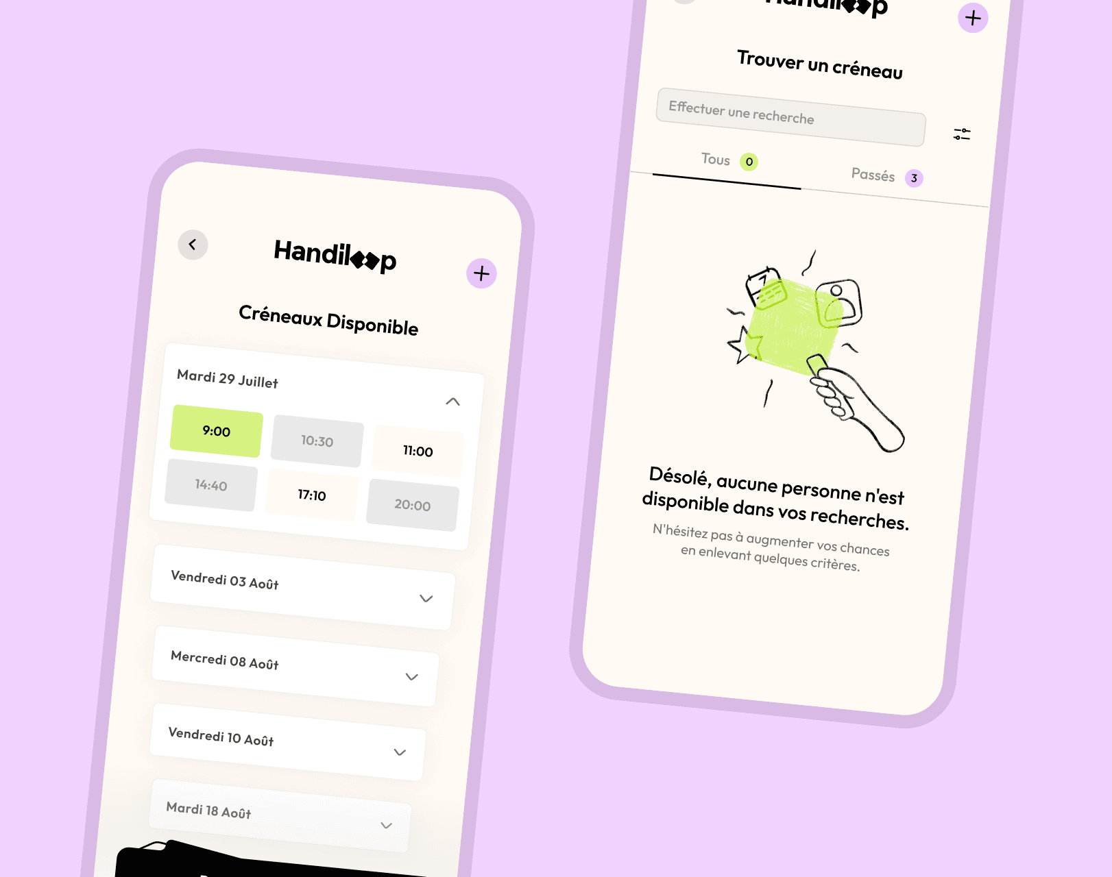 Interface mobile de l'application Handiloop montrant la réservation de créneaux et un message d’erreur, design accessible et épuré.
