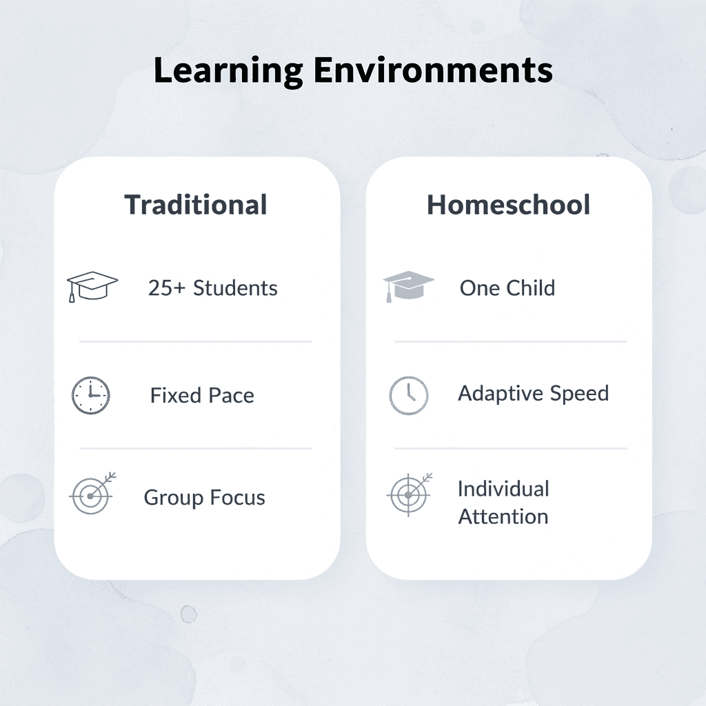 Comparison chart showing traditional classroom versus homeschool environments