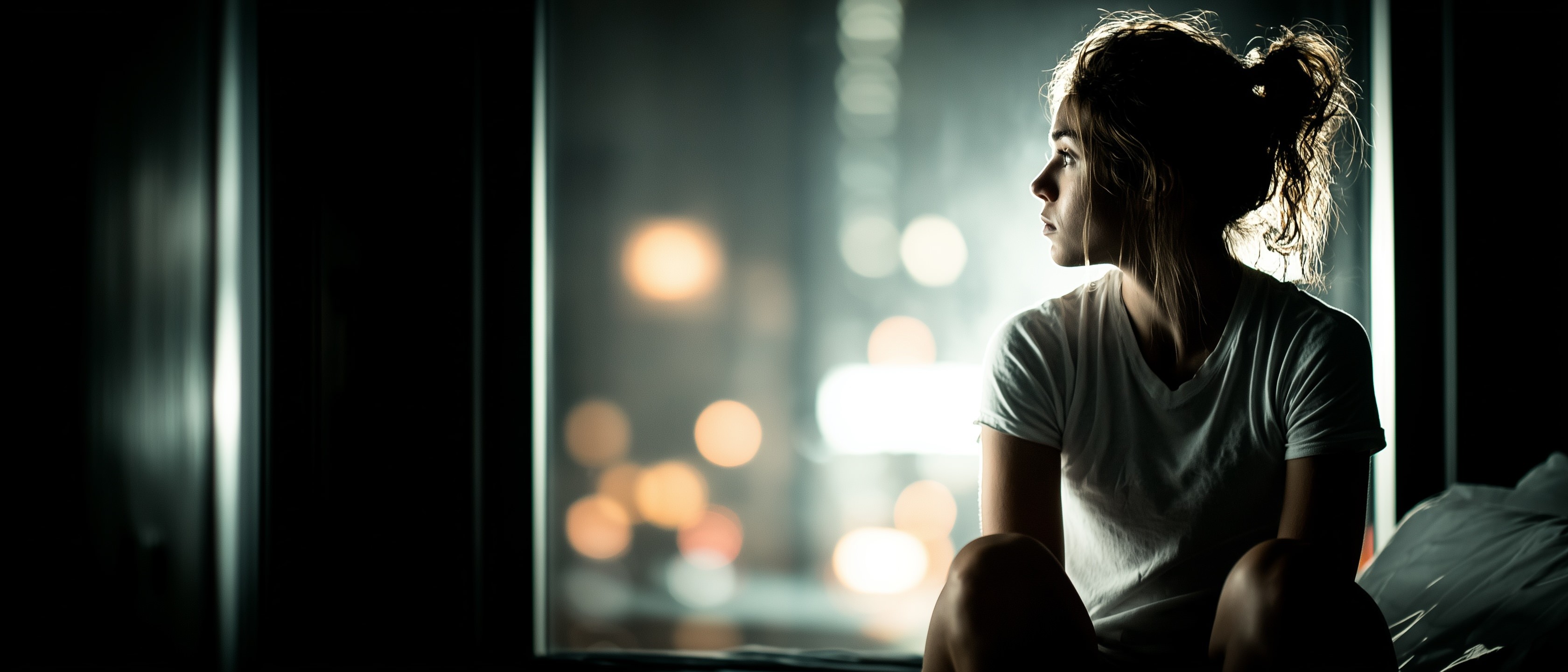 Silhouette of a teenager sitting alone in a dark room