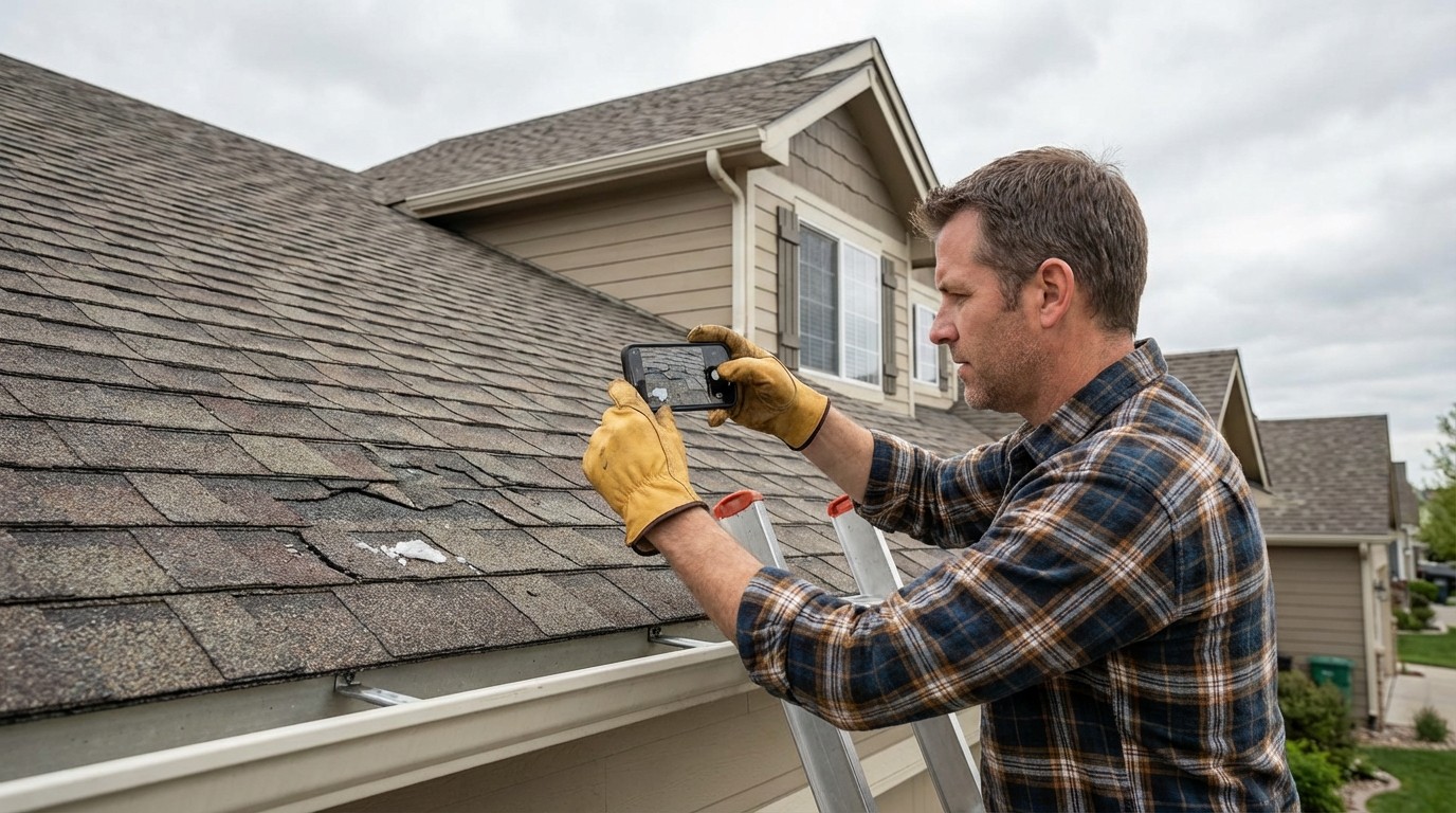 Homeowner documenting hail damage to roof with smartphone camera for insurance claim