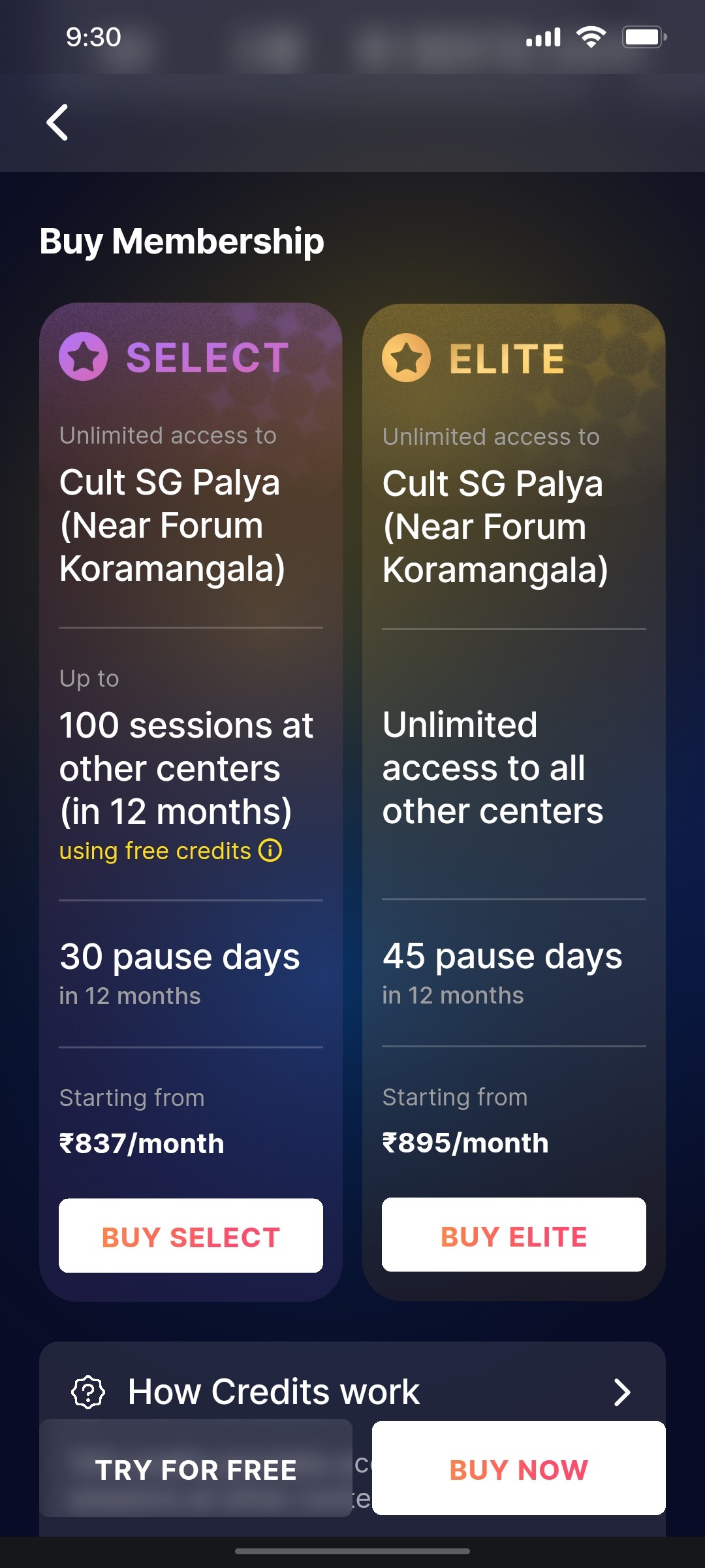 Cult.fit App Buy Member Screen