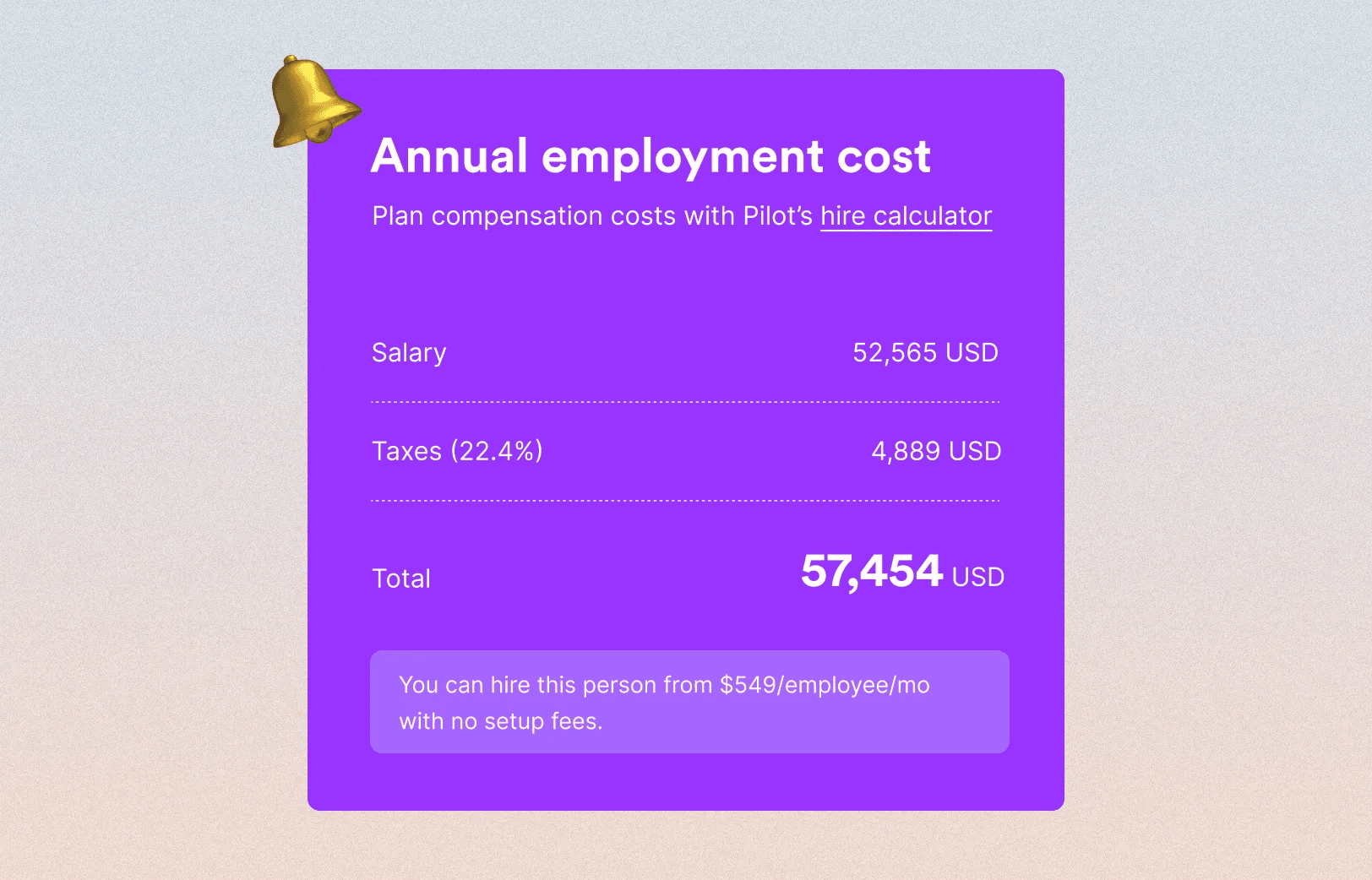 Screenshot of annual employment cost for an employee, showing their salary, taxes, and total amount