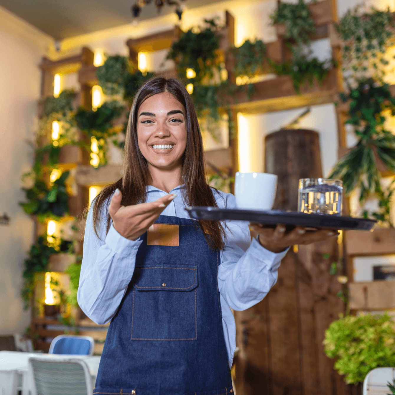 Portrait d'une serveuse accueillante présentant une boisson sur un plateau, dans un restaurant moderne à l'ambiance chaleureuse.