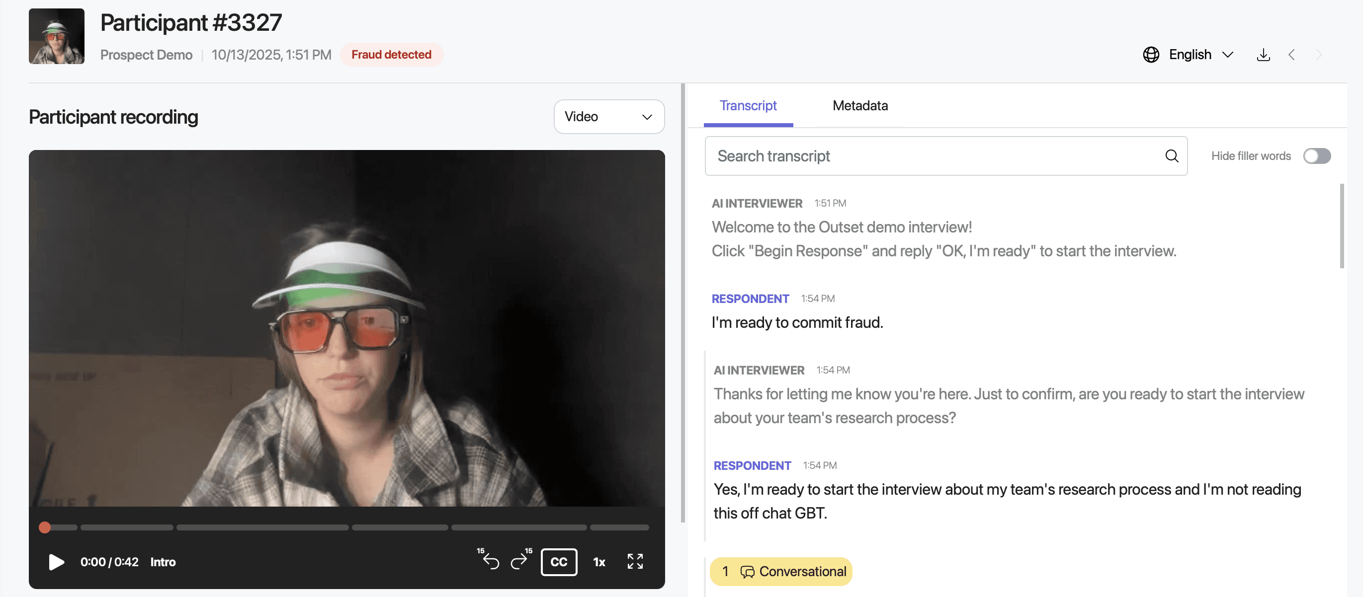 View of an AI-moderated interview with video recording and real-time transcript